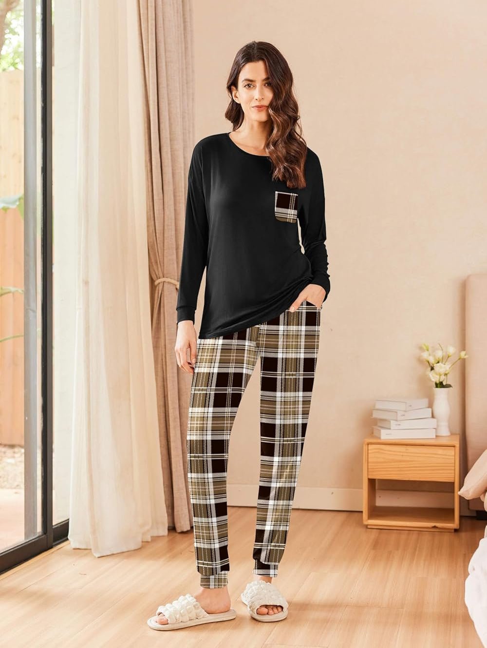 Soft lounge PJ set: black long-sleeve top with brown plaid pajama pants