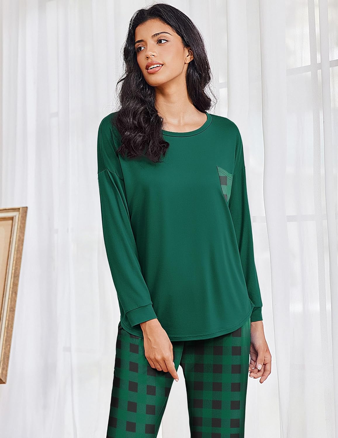 Deep green long-sleeve pajama top with matching green check pants