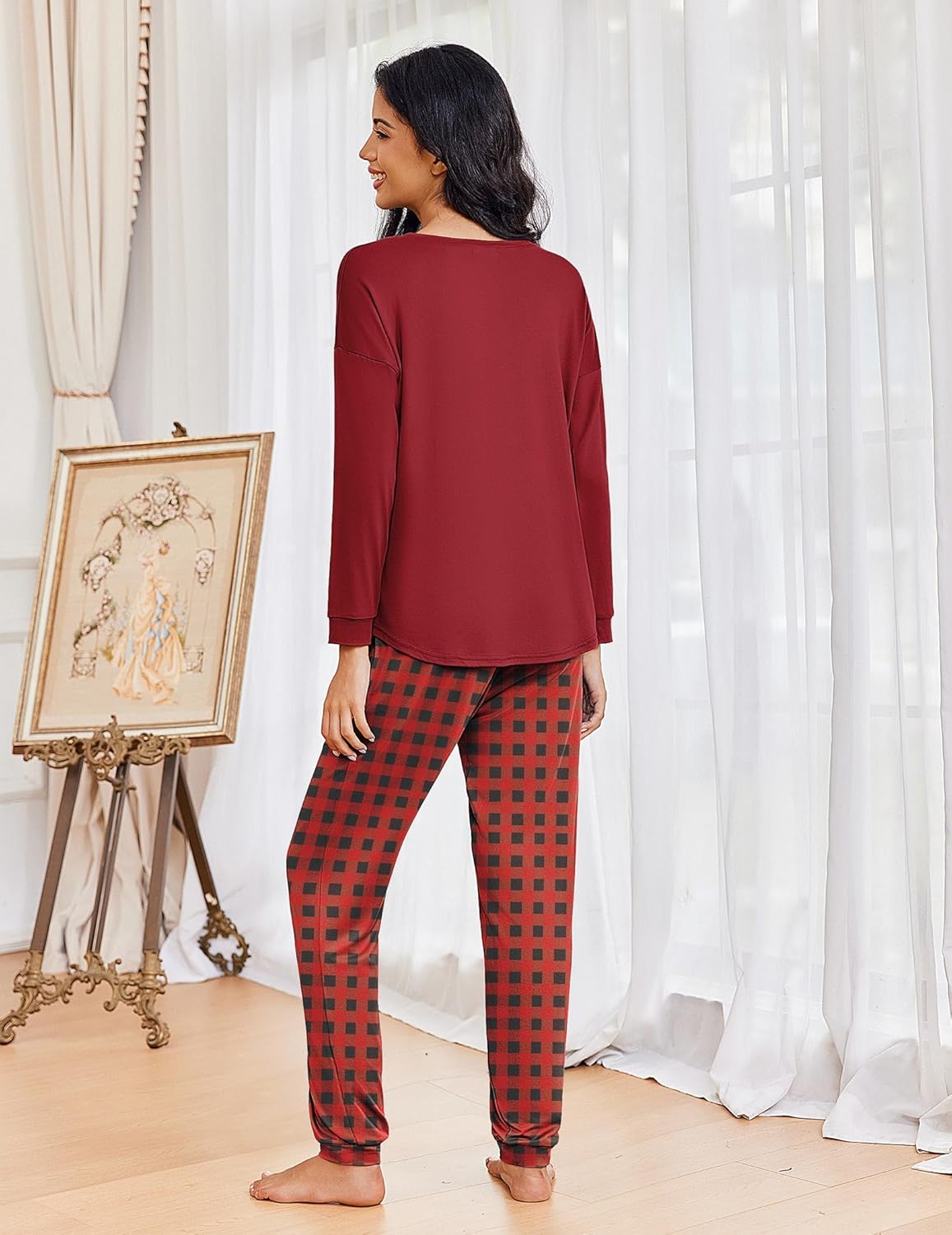 Burgundy long-sleeve pajama top with red check lounge pants
