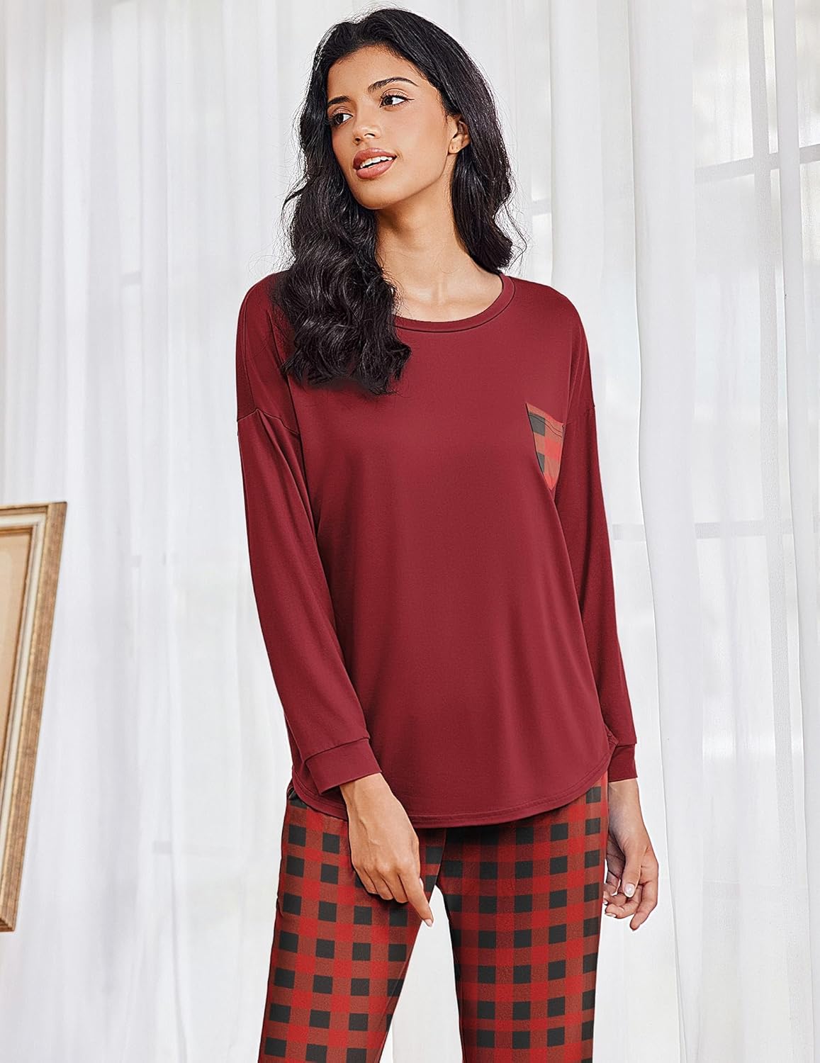 Burgundy long-sleeve pajama set with red-and-black plaid pants