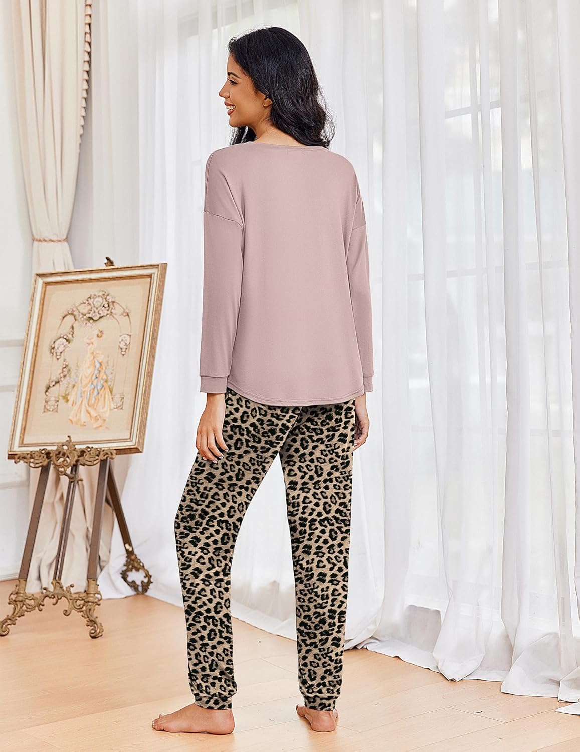 Christmas PJ set mauve long-sleeve and leopard-print lounge pants, back view
