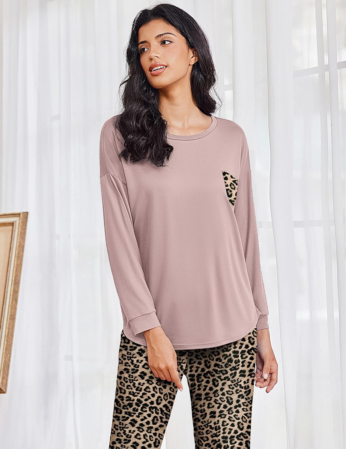 Christmas PJ set mauve crewneck long-sleeve and leopard-print pajama pants