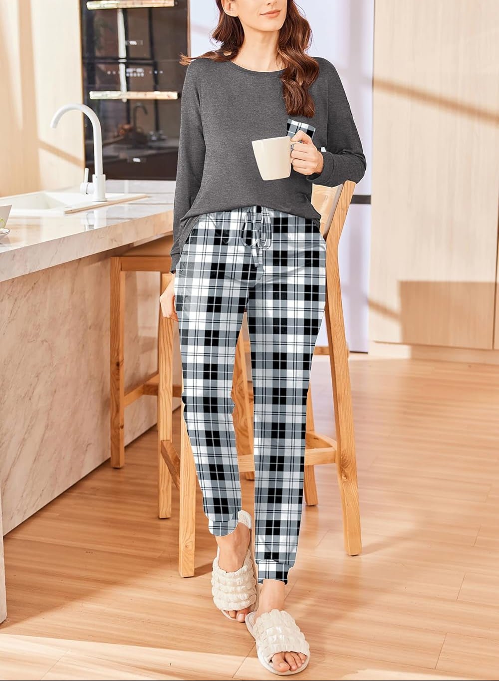 Christmas PJ set: dark gray long-sleeve top with black-and-white plaid drawstring pants