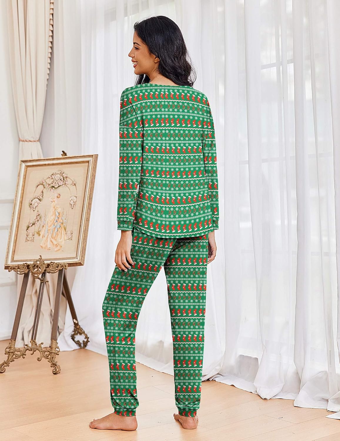 Green Christmas patterned pajama set with long sleeves and matching pants