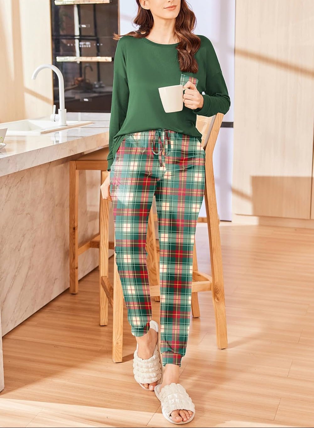 Christmas PJ set: green long-sleeve top with red-and-green plaid drawstring pants