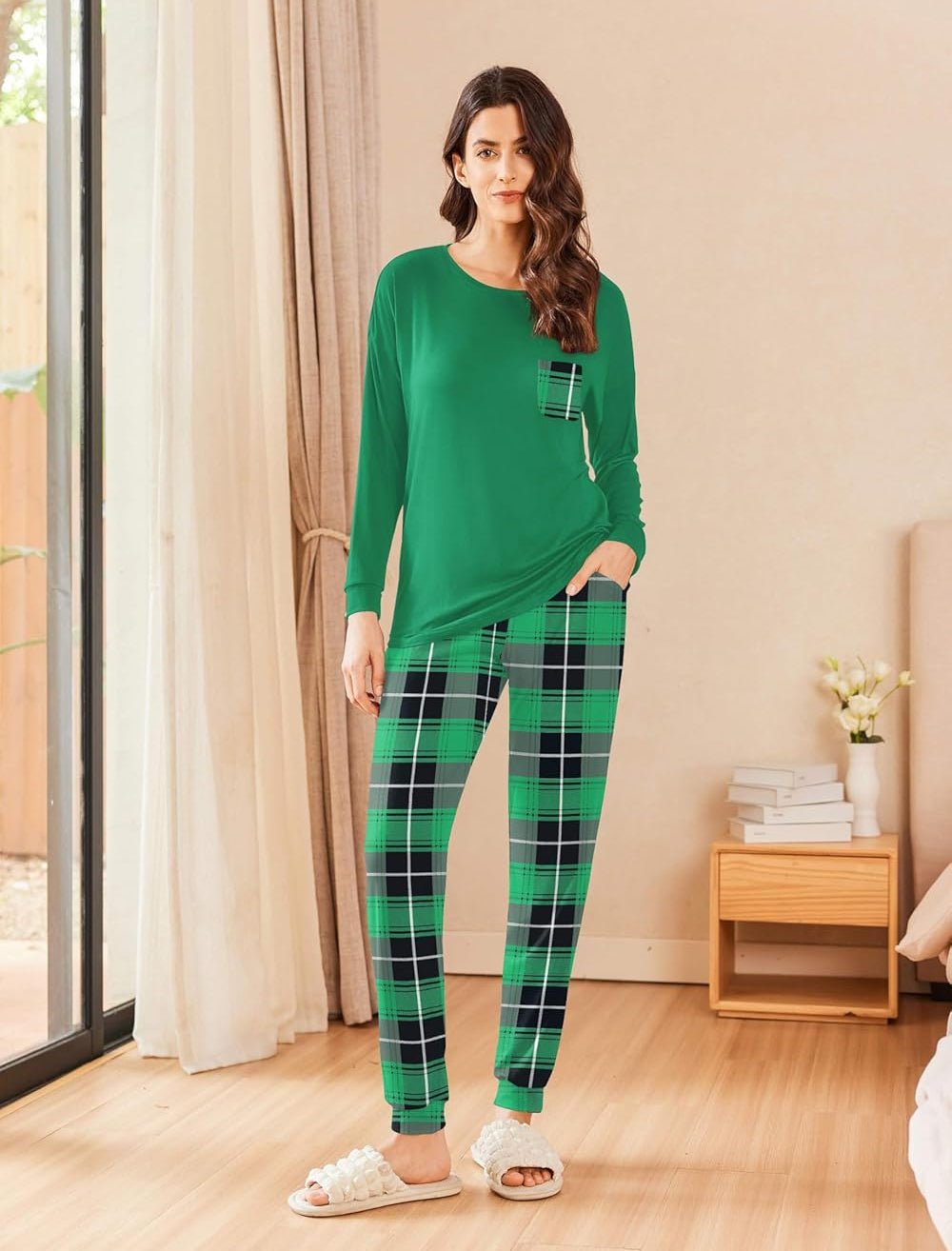 Soft lounge PJ set: green long-sleeve top with green plaid pajama pants