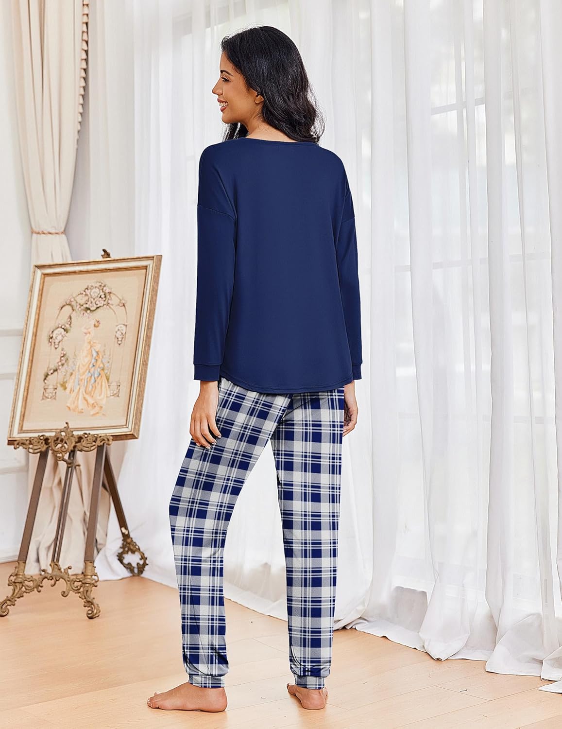 Navy long-sleeve pajama top with blue plaid lounge pants