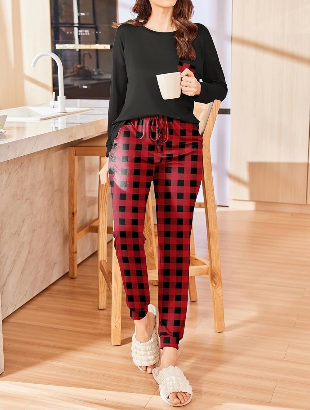 Christmas PJ set black long-sleeve top with red-and-black plaid pajama pants