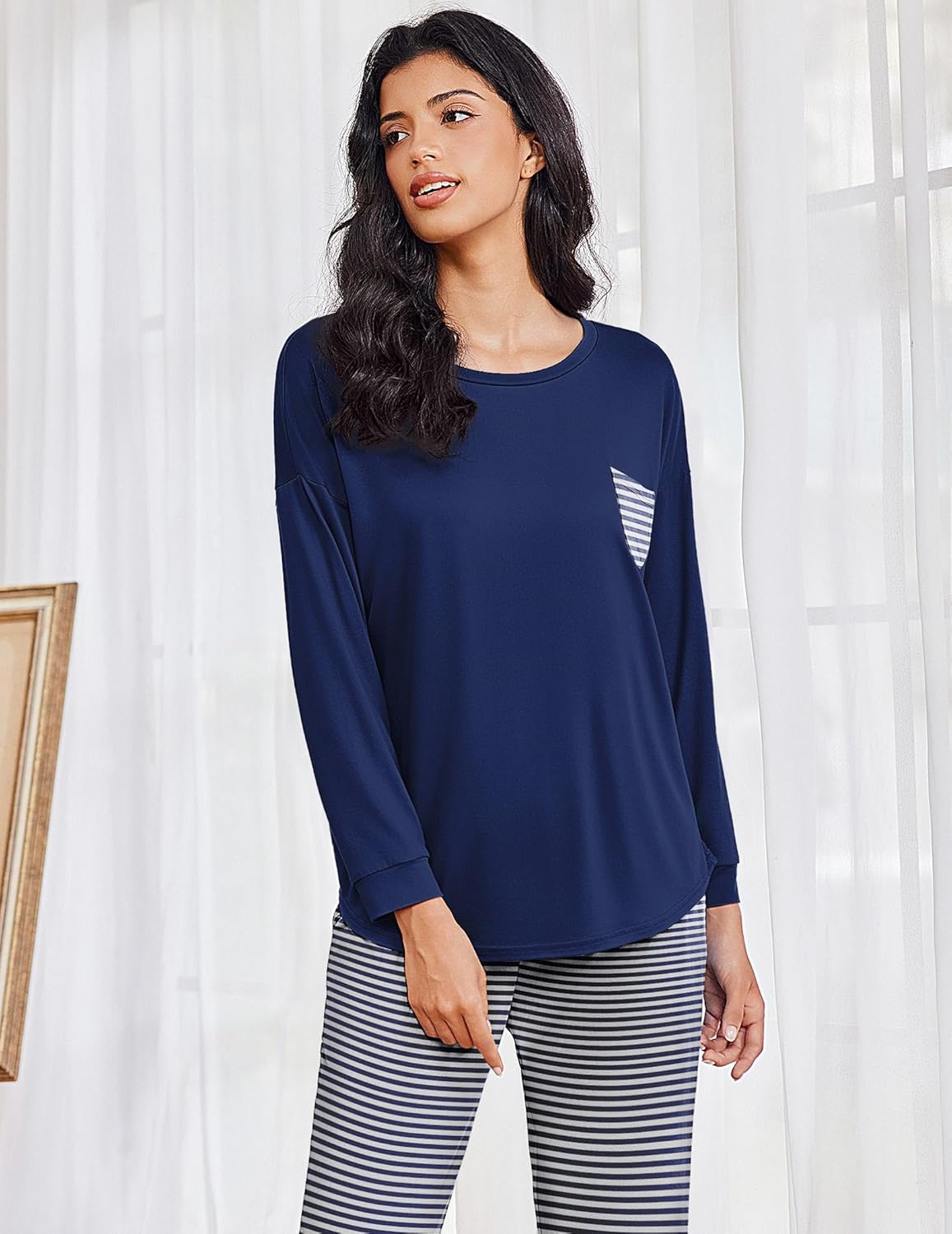 Christmas PJ set navy crewneck top with striped pajama pants, long sleeves