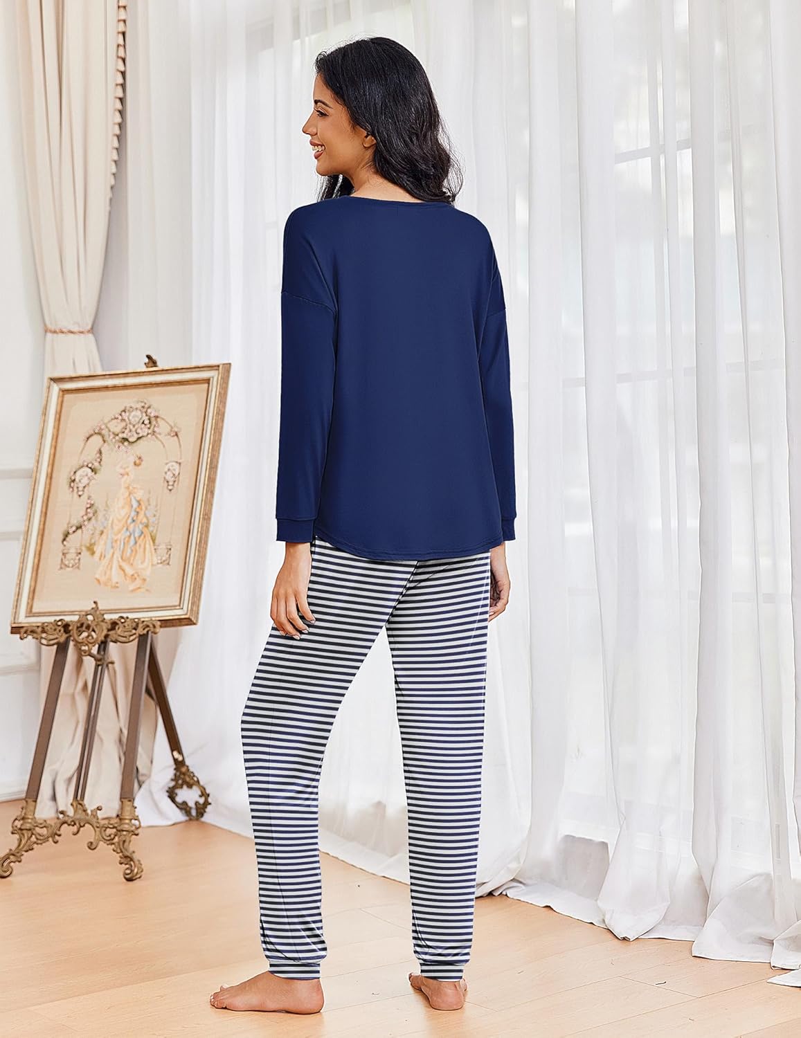 Christmas PJ set navy long-sleeve and striped lounge pants, back view