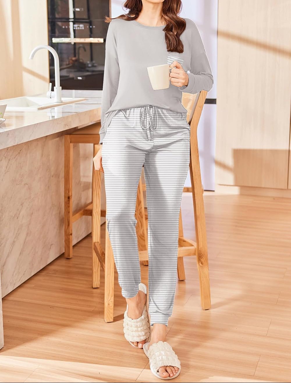Christmas PJ set light gray long-sleeve top with gray-and-white striped pants