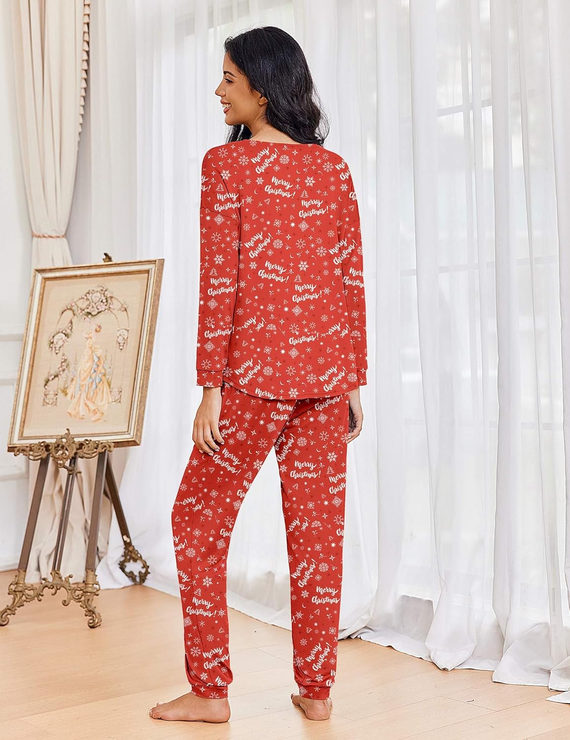 Ensemble pyjama Noël rouge, haut manches longues et pantalon, motif “Merry Christmas” au dos