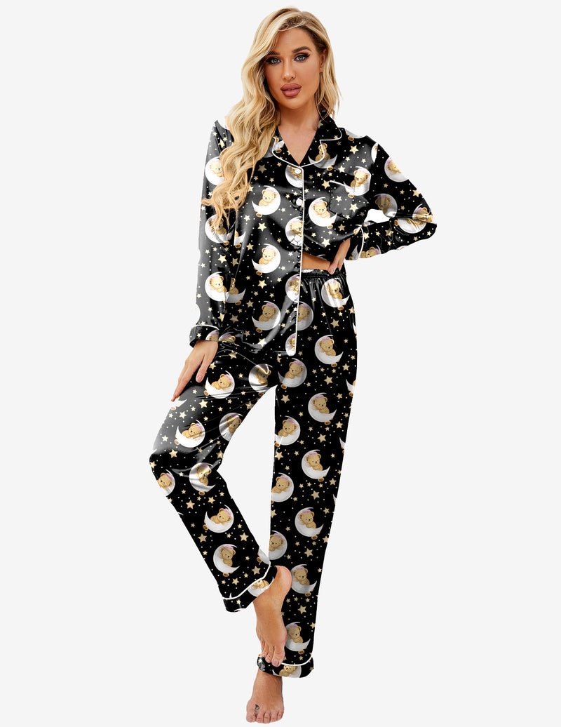 Schlafanzugset schwarz mit Teddy- und Mond-Print, langärmeliges Top und Hose