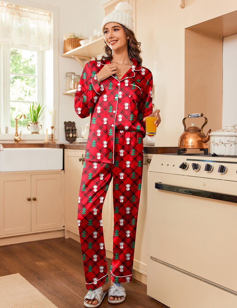 Rot kariertes Weihnachts-Schlafanzugset mit Teddy-Print, Knopfleiste und lange Hose
