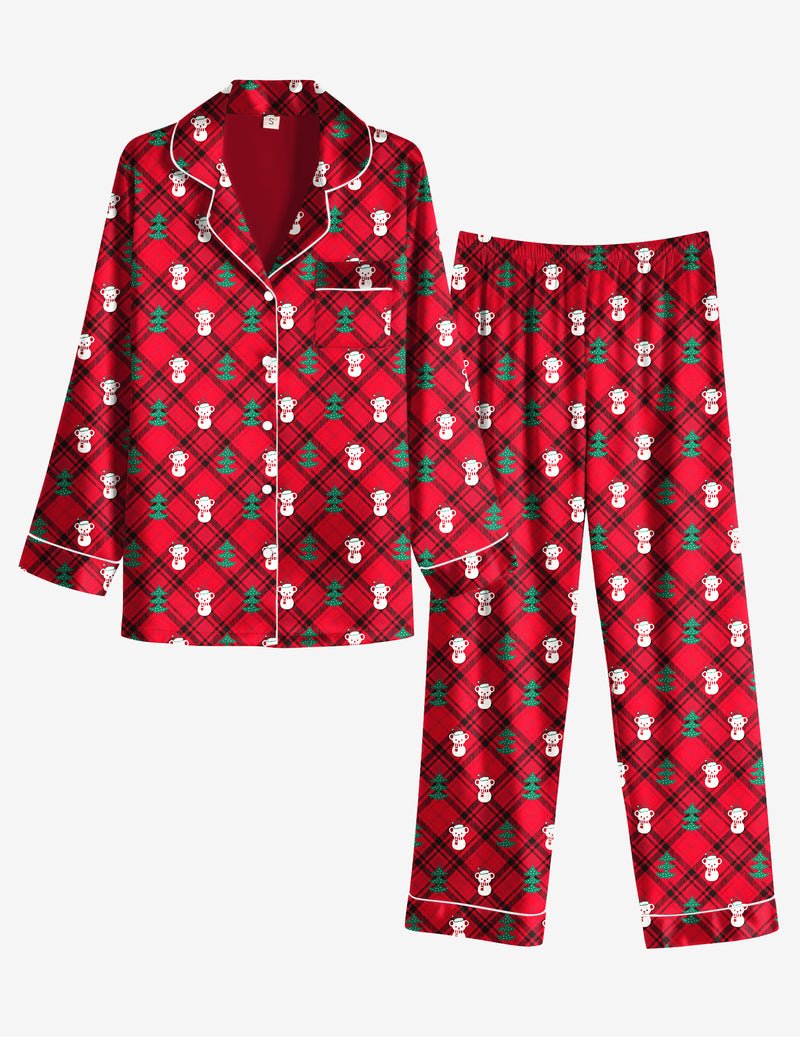 2-teiliges Schlafanzugset rot-grün kariert mit Teddy-Print, Hemd mit Knöpfen
