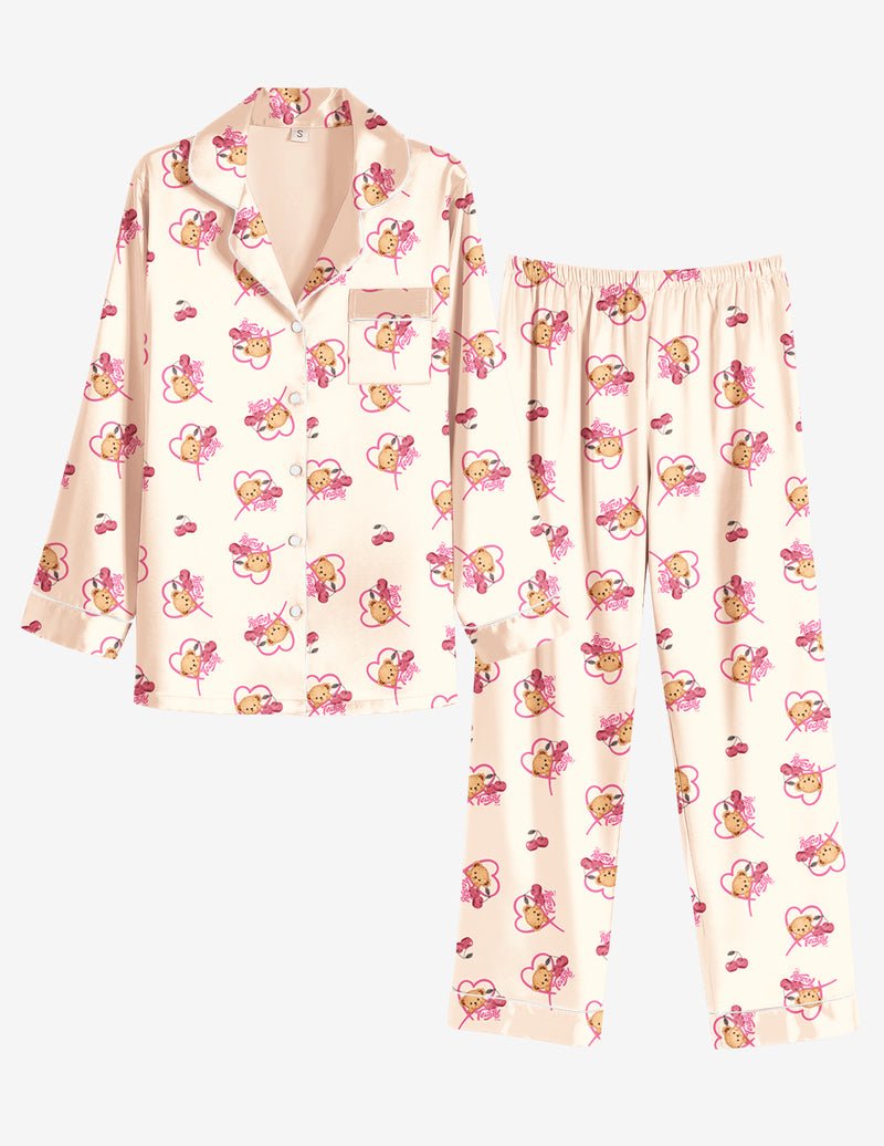 Schlafanzugset hellrosa mit Teddy-Print, weiche Satin-Optik, lange Hose