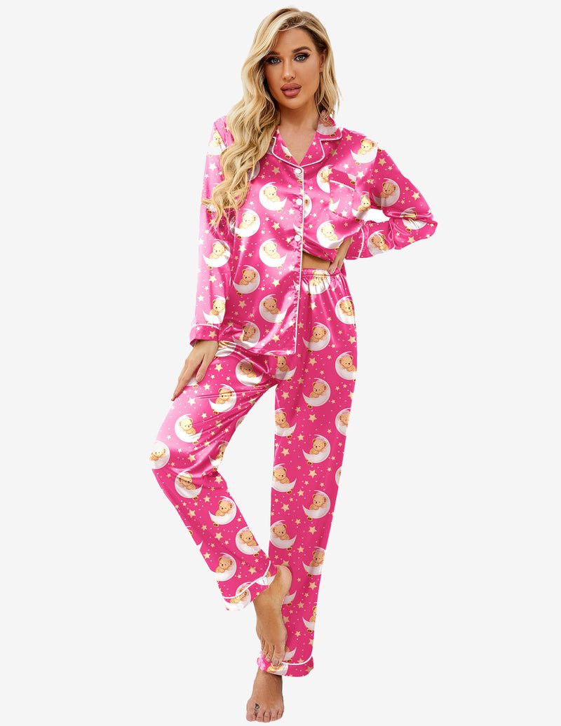 Schlafanzugset pink mit Teddy- und Sterne/Mond-Print, Knopfleiste und lange Hose