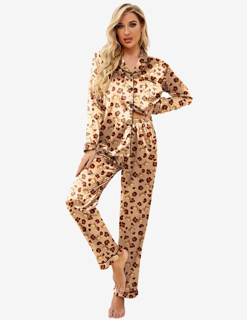 Schlafanzugset beige mit Teddy-Alloverprint, langärmeliges Oberteil und Hose