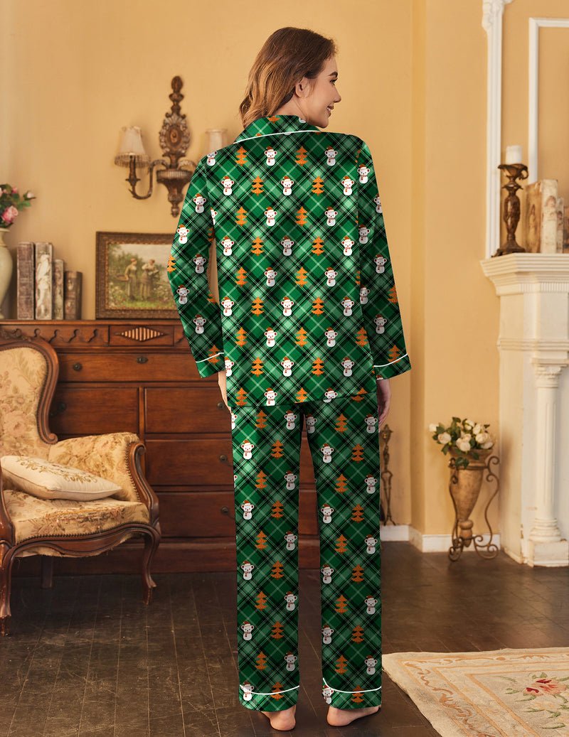 Christmas teddy satin pajama set in green plaid with teddy print, button-down top