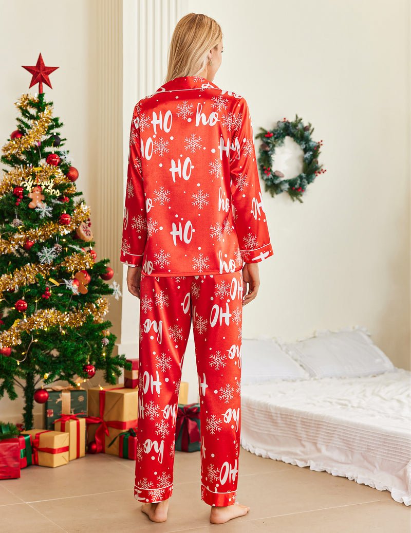 Red Christmas teddy satin pajama set with “ho ho ho” print, long-sleeve button top