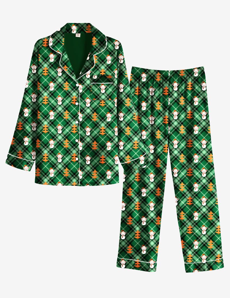 Grünes Weihnachts-Tartan-Pyjama Set, Jacke mit Knöpfen und passende lange Hose