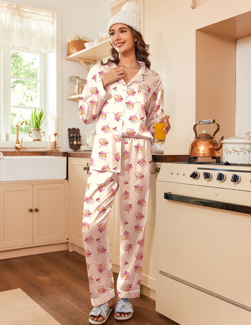 Rosa Teddy Satin-Pyjama Set mit süßen Hasen-Prints, Knopfleiste und langen Ärmeln