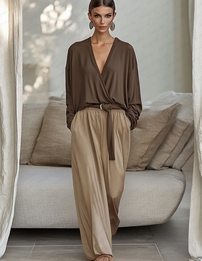 Brown draped V-neck top and wide-leg pants set, tied waist belt