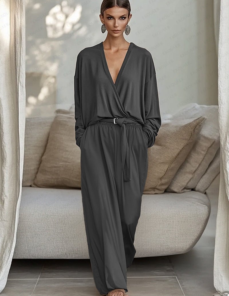 Dark gray draped V-neck top and wide-leg pants set, tied waist belt