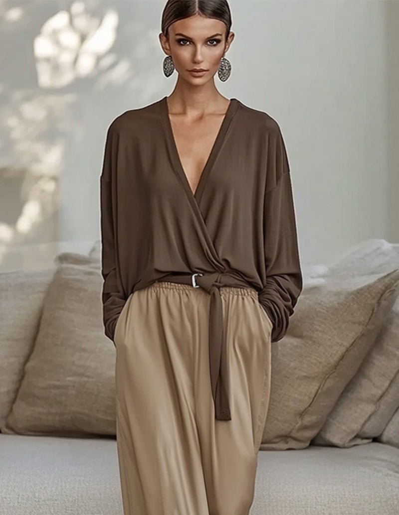 Brown draped V-neck top and wide-leg pants set with gathered tied waist