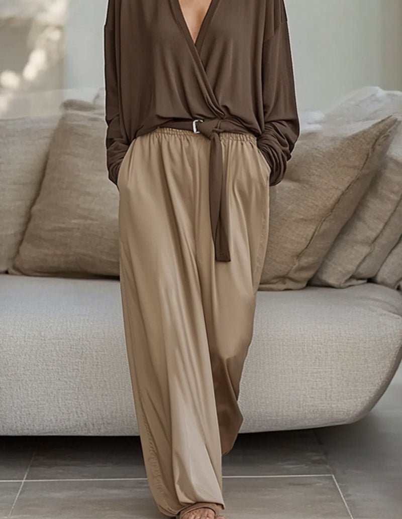 Brown draped V-neck top and wide-leg pants set, elastic gathered waist