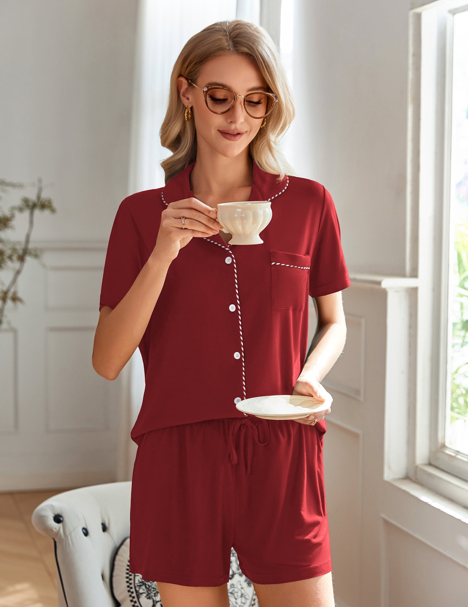 Wine red short-sleeve pajama set with button-front top and drawstring waist shorts.