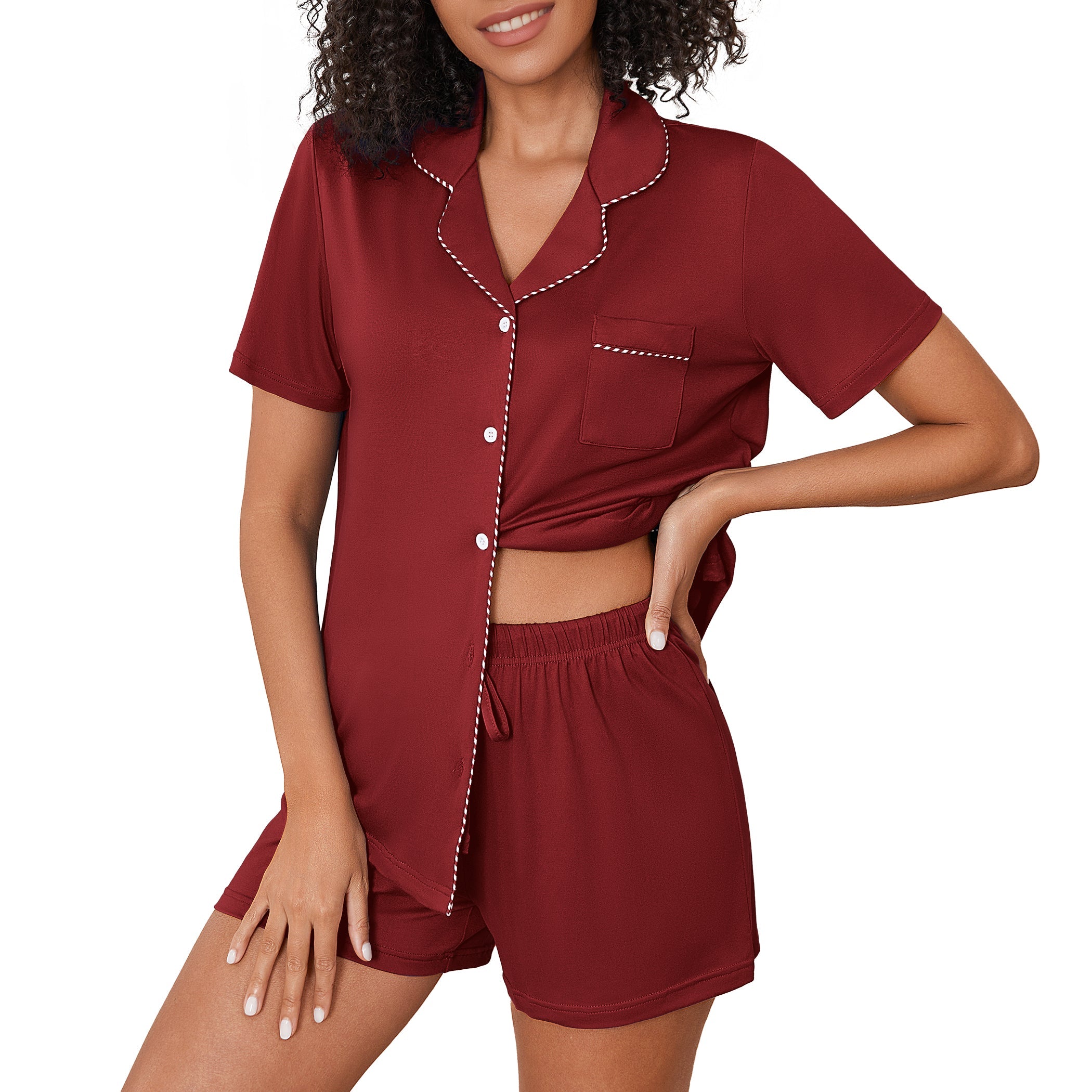 Wine red pajama set with short-sleeve button-front shirt and matching drawstring shorts.