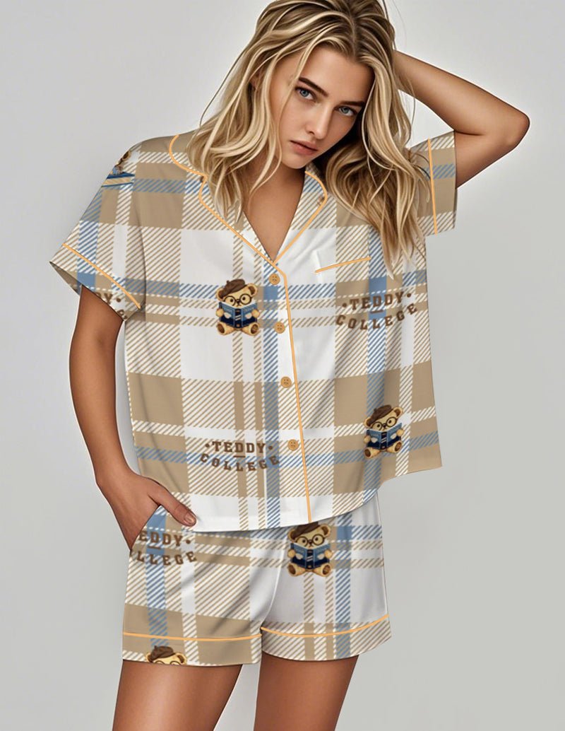 Khaki plaid satin pajama set with short-sleeve button shirt and matching shorts