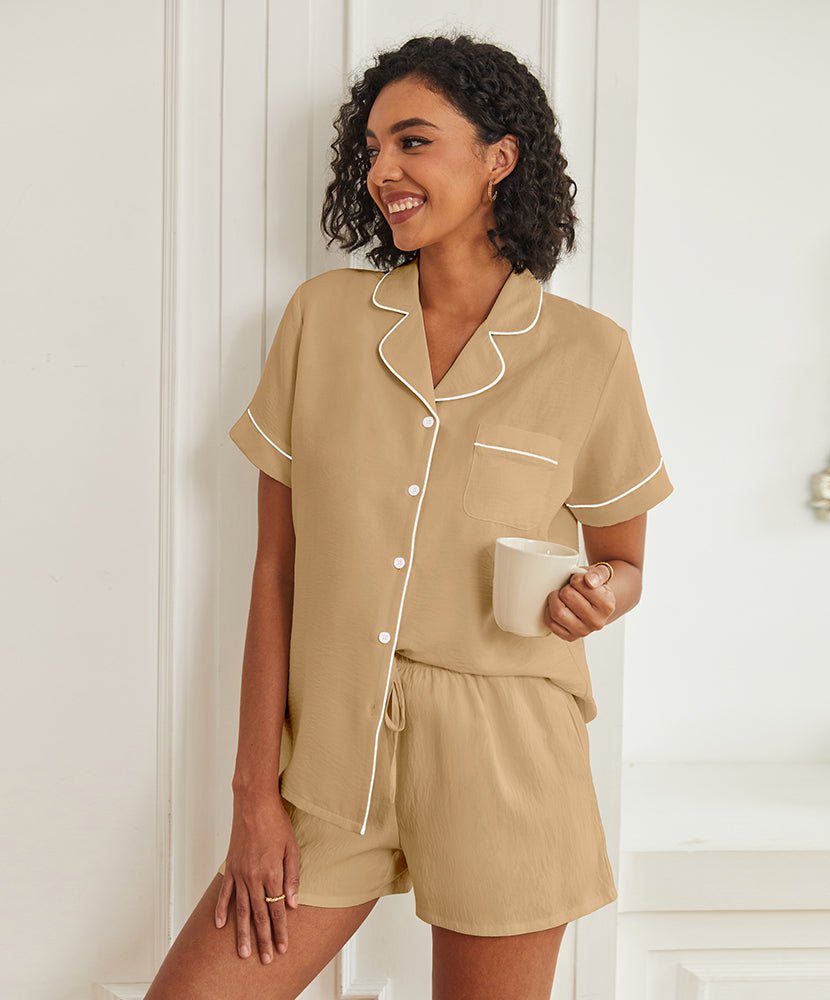 Khaki short-sleeve pajama set with button front, piped collar, and drawstring shorts.