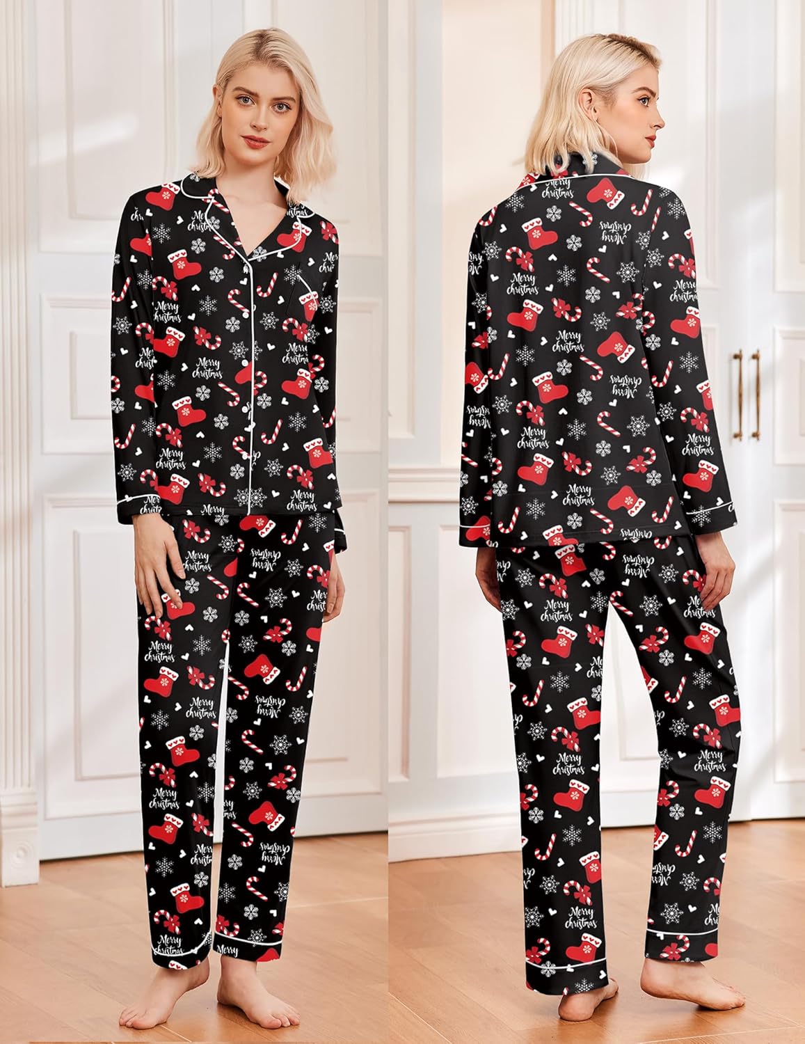 Black long pajama set with red patterned buttons and cuffs, full-length matching trousers