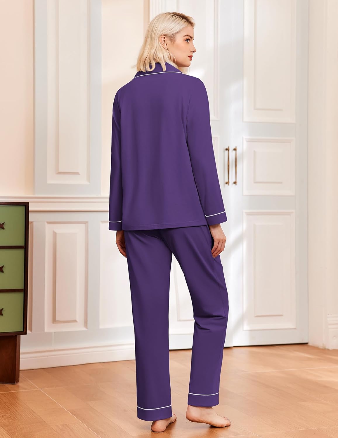 Purple long pajama set, button-up top with contrast piping and straight-leg pants