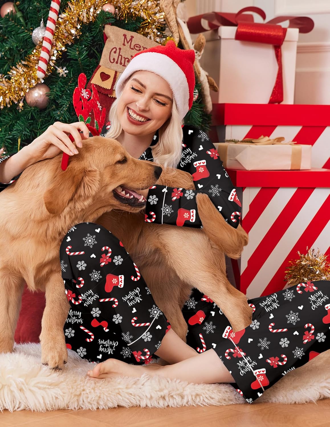 Black Christmas pajama set with red and white prints, button-up shirt and pants