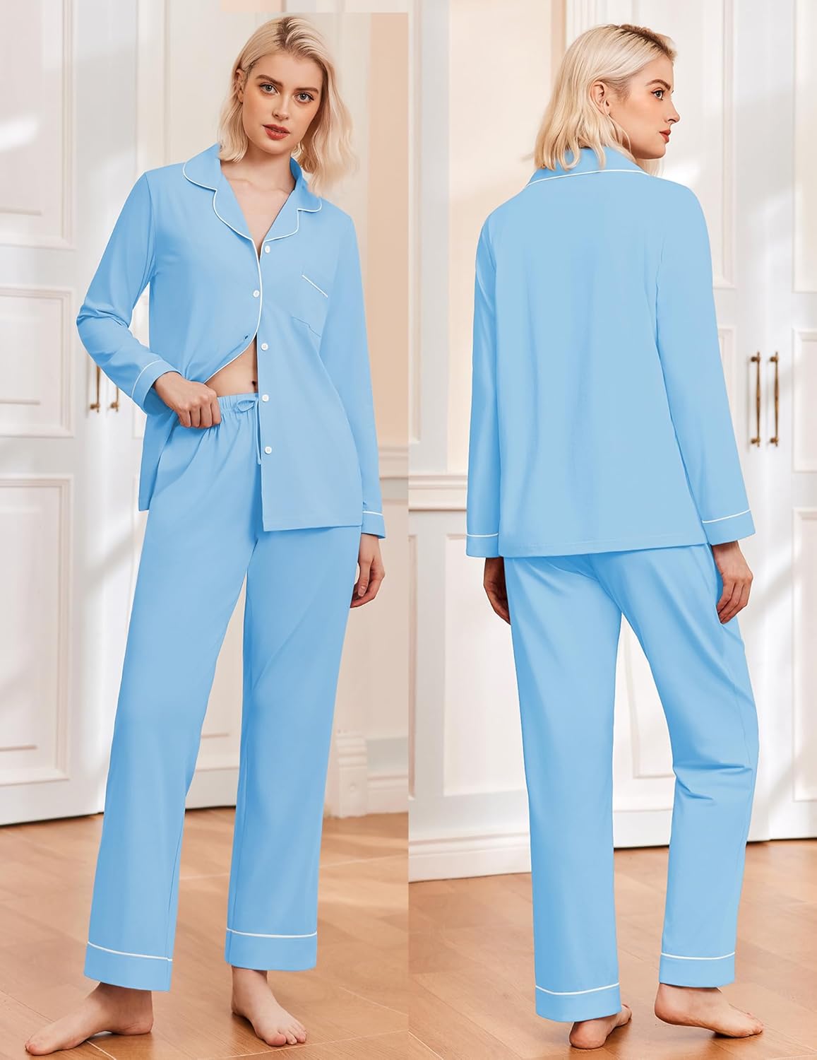 Light blue long pajama set with button front, contrast piping, and matching pants