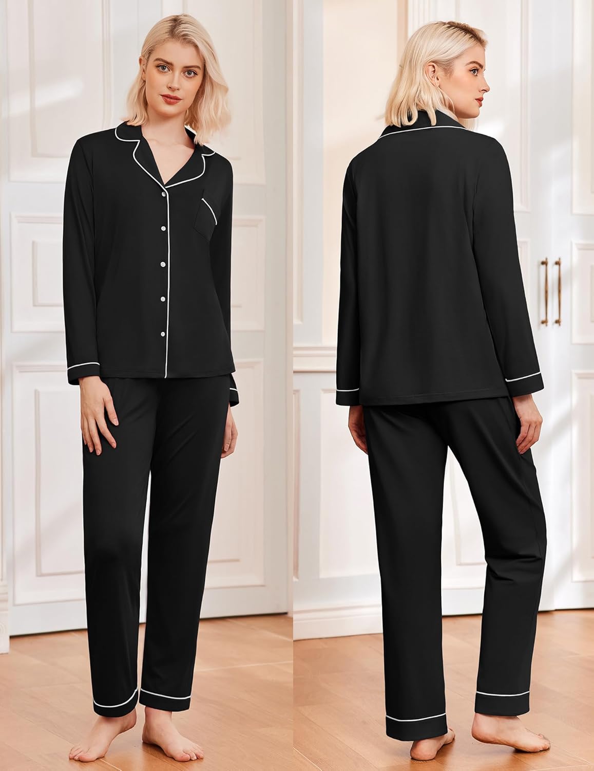 Black long-sleeve pajama set with contrast piping and matching tapered pants