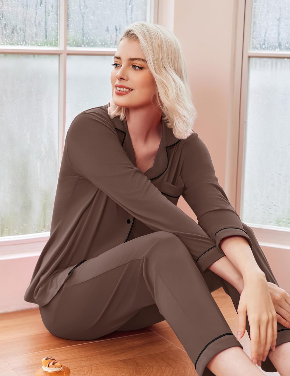 Dark brown long pajama set, button-front top and pants with contrast trim