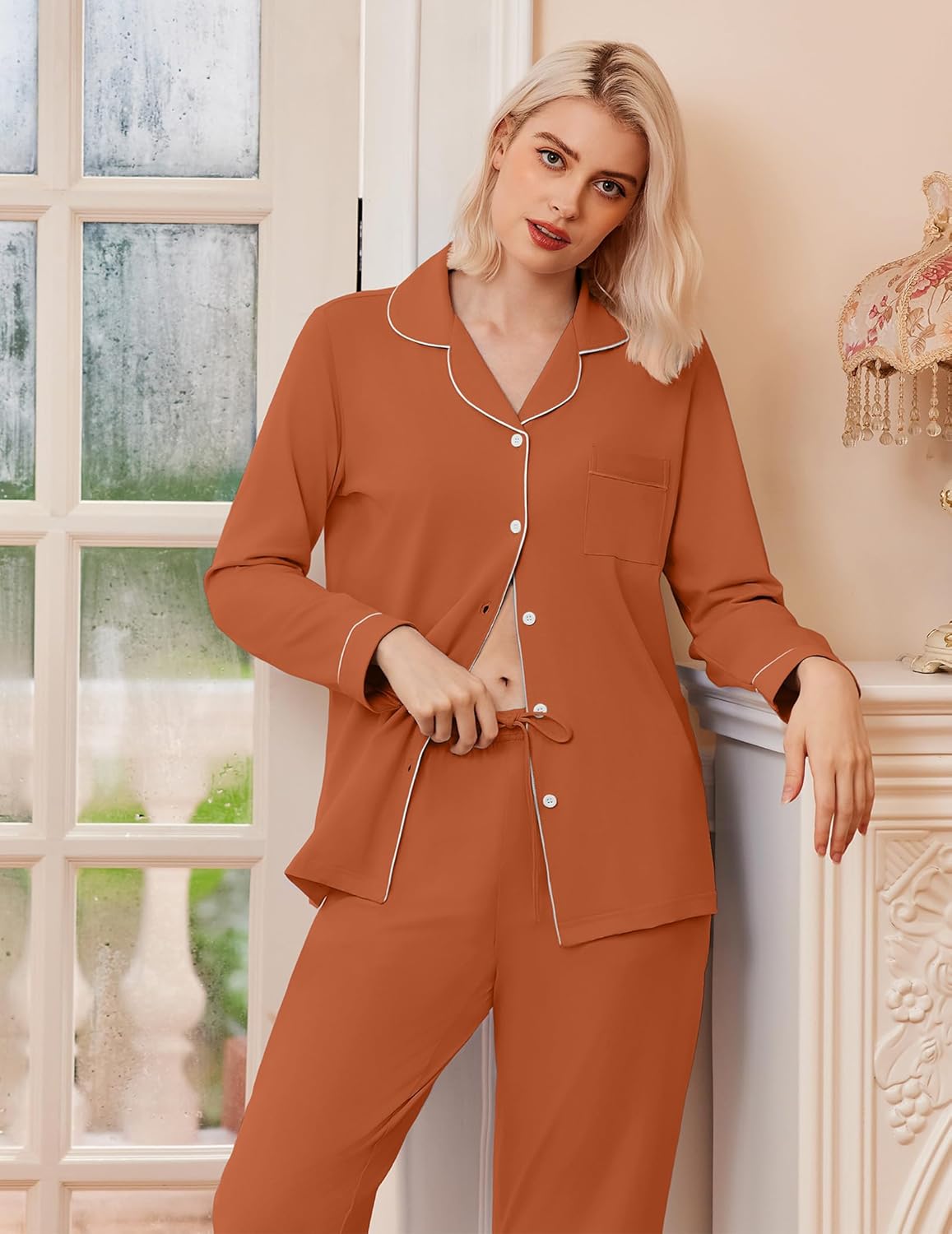 Classic long pajama set in brown: button-up top with contrast piping and matching pants