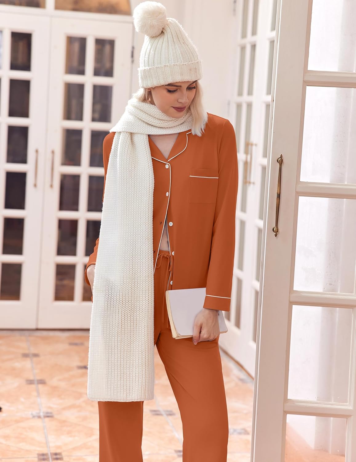 Brown long pajama set with button-front top, chest pocket, and matching long pants