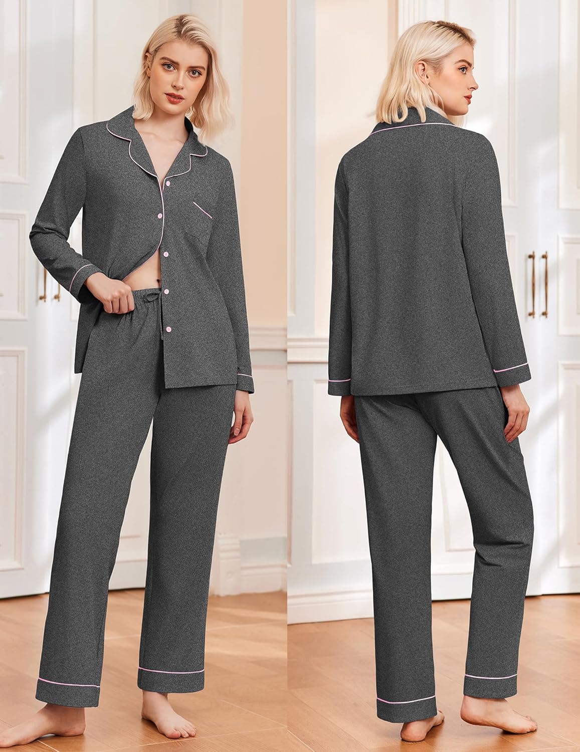 Dark grey long pajama set with button front, contrast piping, and matching trousers