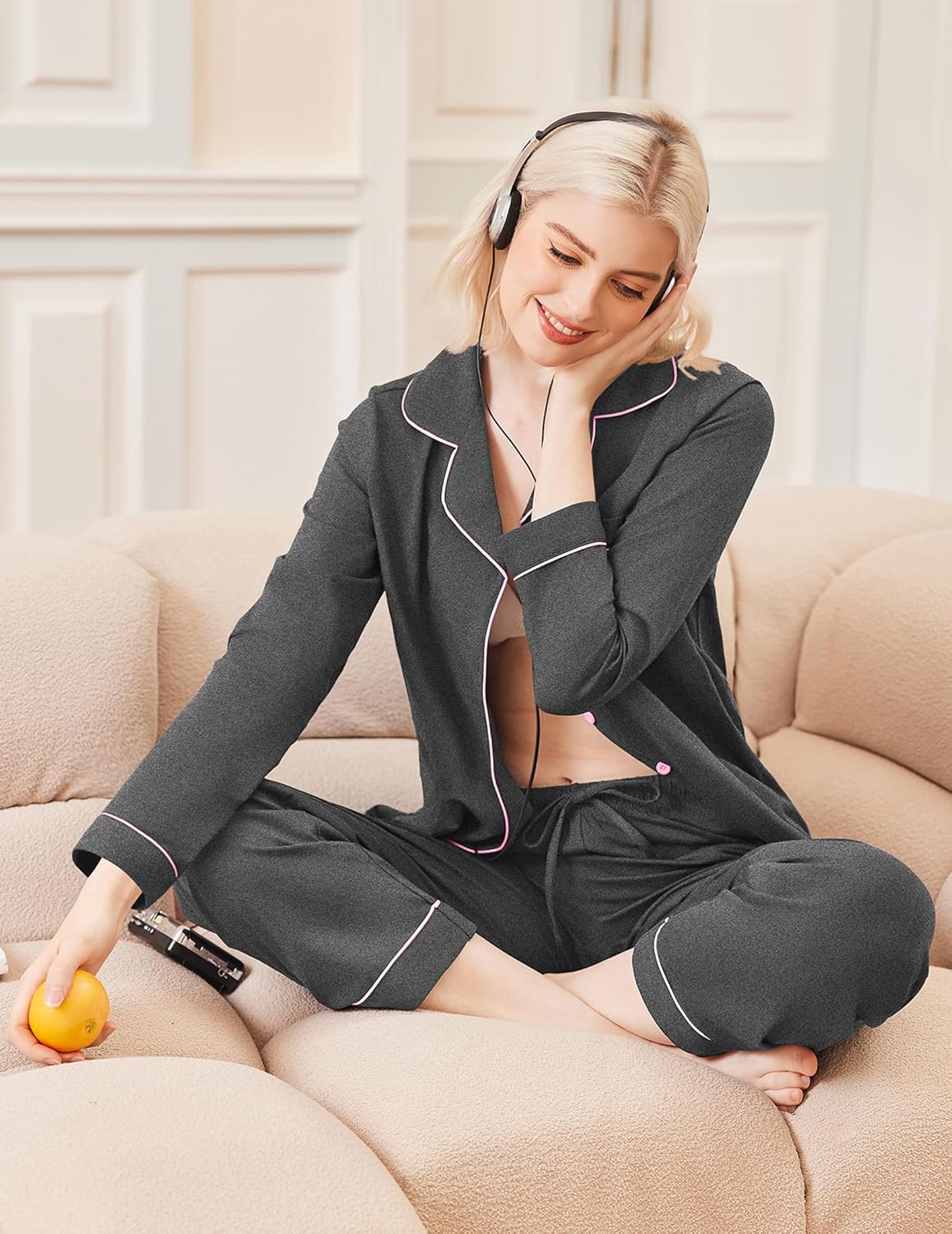Dark grey button-up pajama set with piping trim and long pants