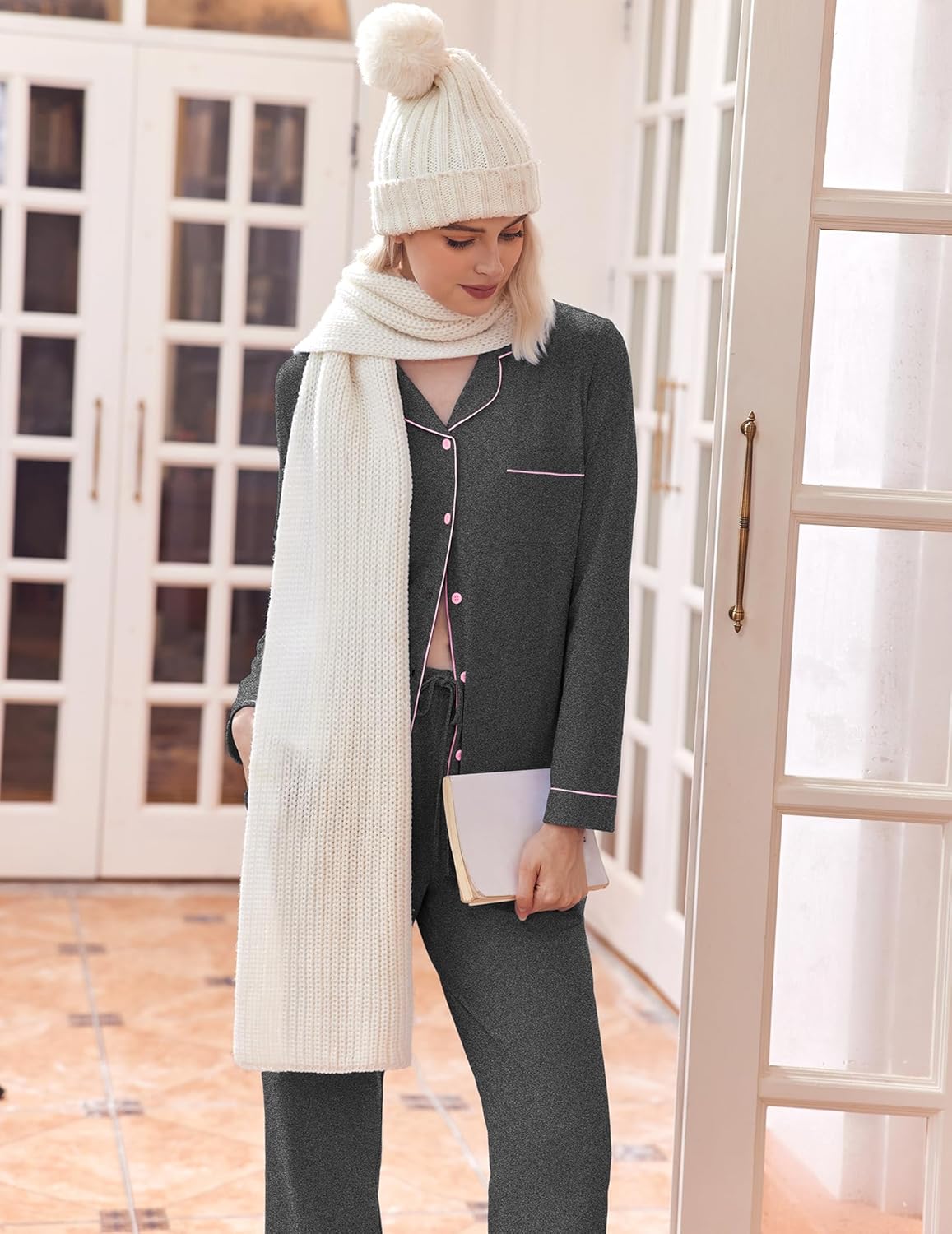 Dark grey long pajama set with chest pocket, button placket, and tapered pants