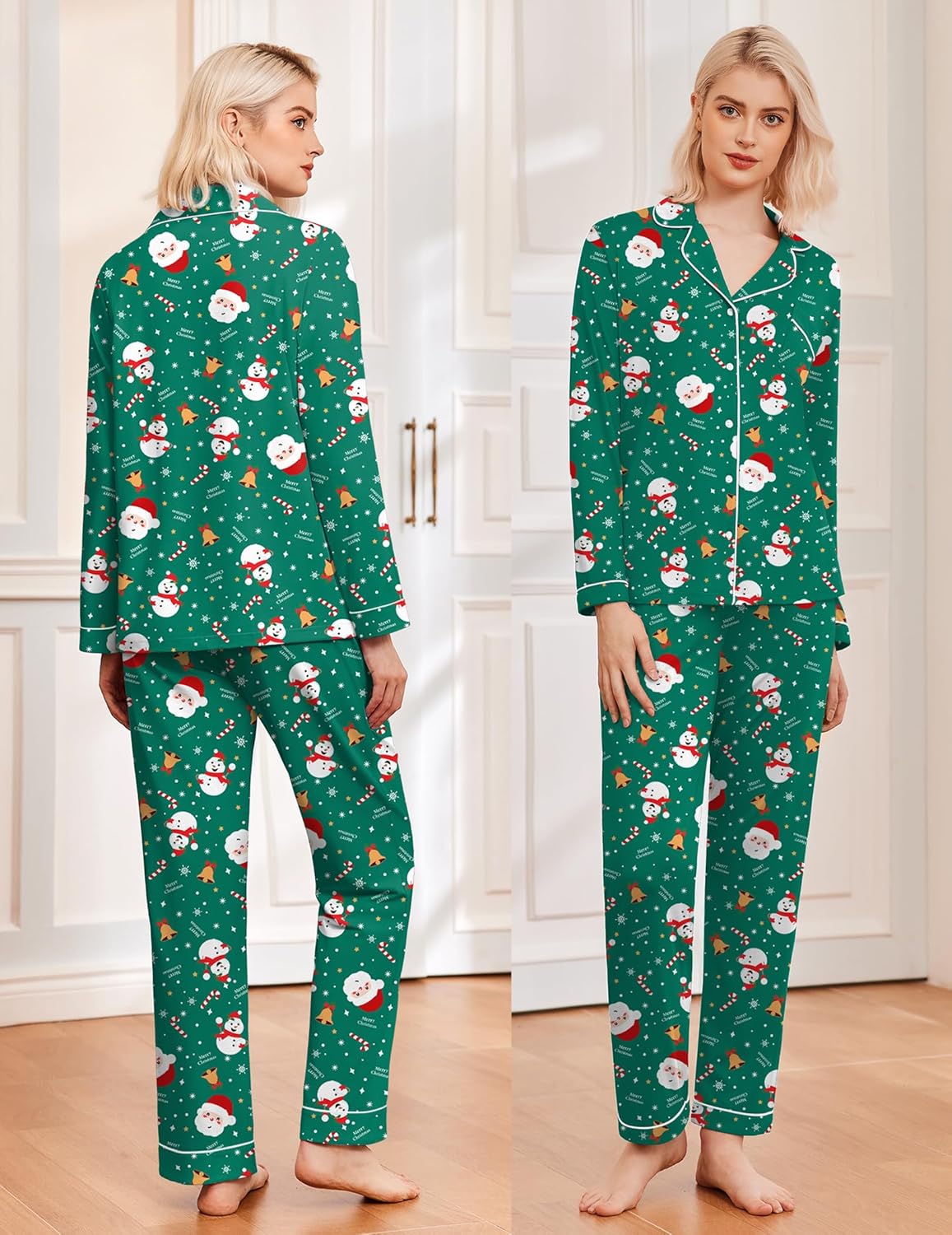 Green holiday sleep pajama set with long sleeves, button top, and snowman print pants