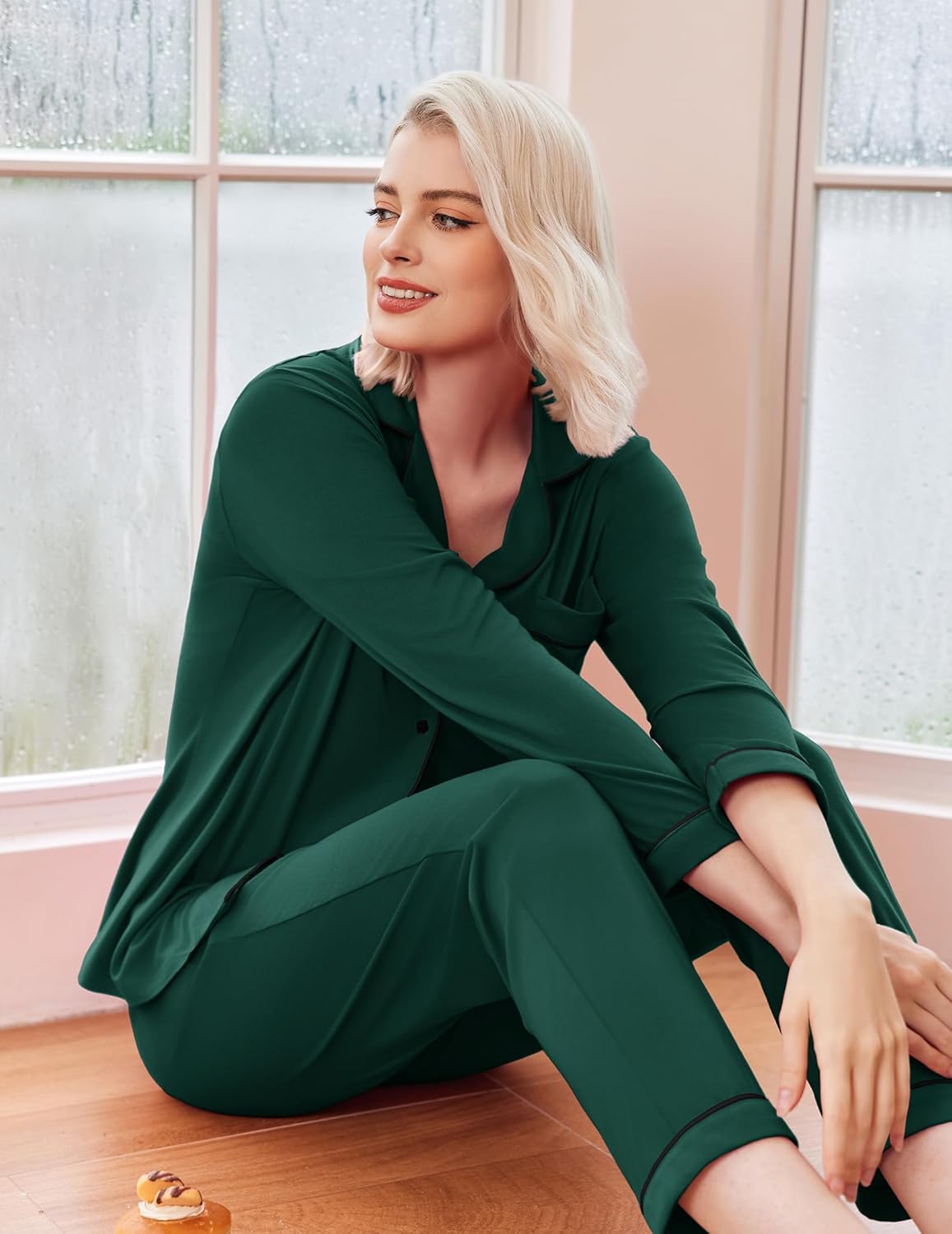 Dark green long pajama set: V-style top with buttons, contrast piping, and matching pants