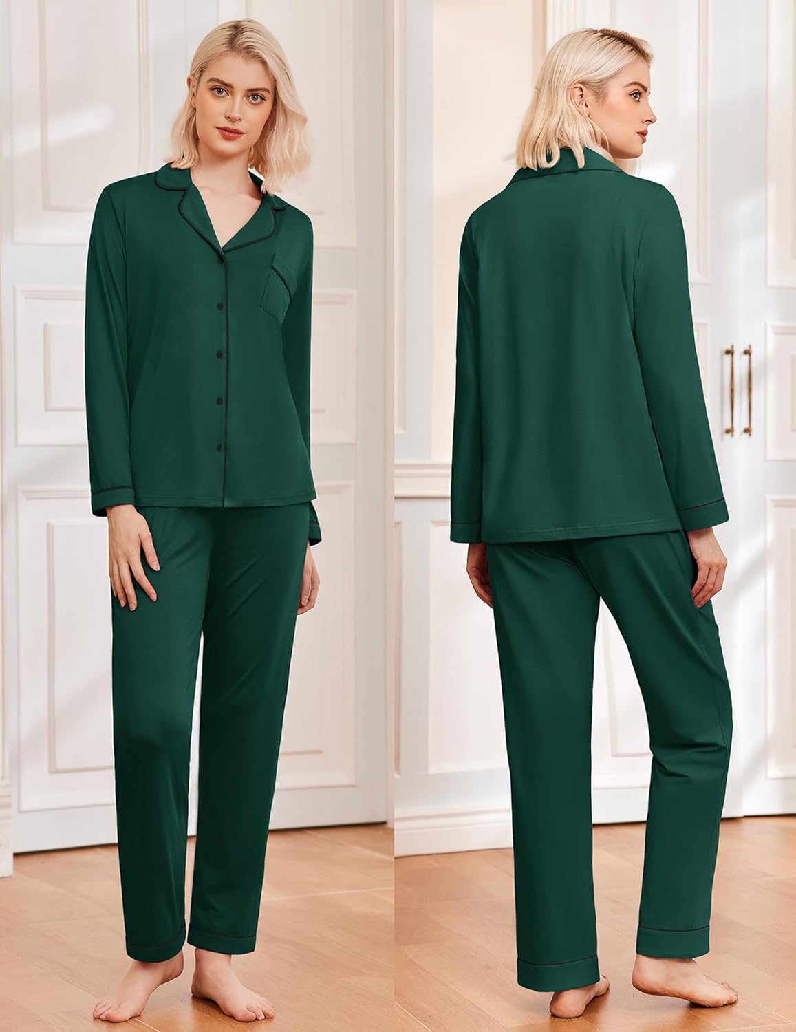 Dark green long pajama set with button-up top, piping trim, and tapered matching pants