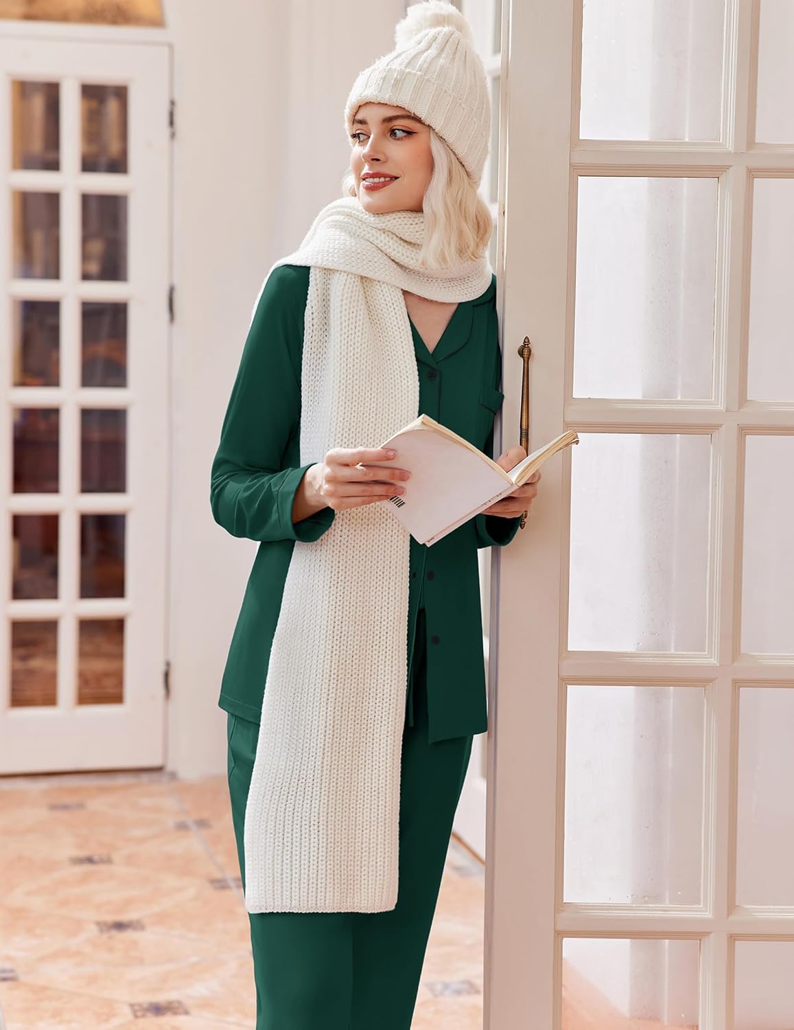 Dark green long pajama set with button-front shirt style and matching full-length trousers