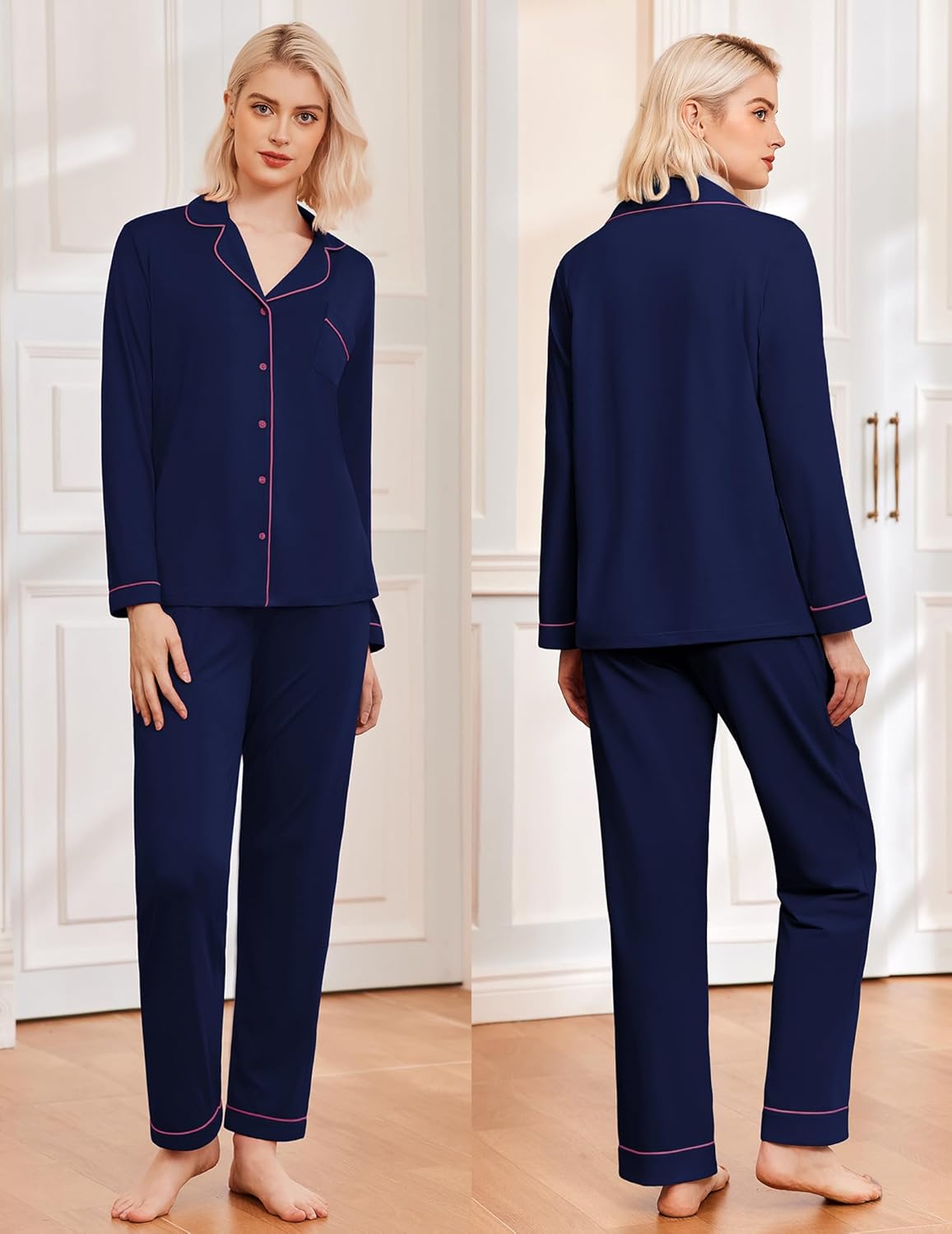Classic long pajama set, dunkelblau mit Knopfleiste und roten Kontrastlinien